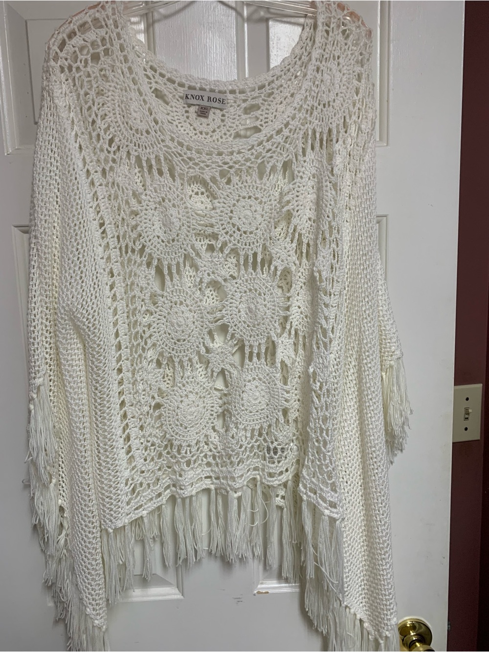 Knox Rose White Crochet Fringe Poncho/Overlay XXL